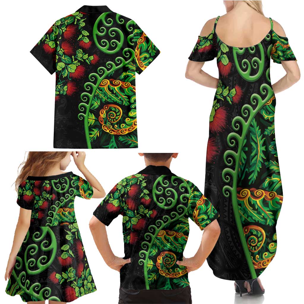 New Zealand Koru Plants and Pohutukawa Family Matching Summer Maxi Dress and Hawaiian Shirt Maori Tattoo Pattern