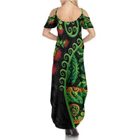 New Zealand Koru Plants and Pohutukawa Family Matching Summer Maxi Dress and Hawaiian Shirt Maori Tattoo Pattern