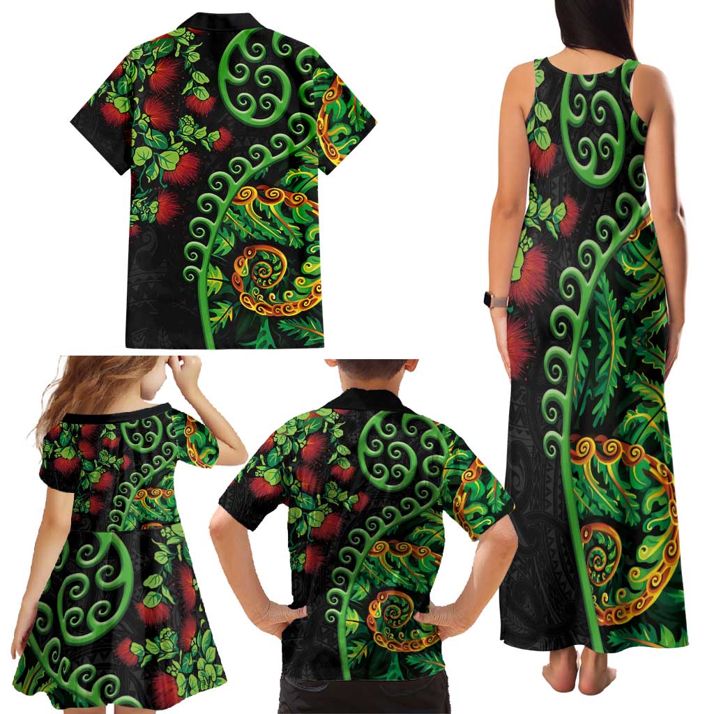New Zealand Koru Plants and Pohutukawa Family Matching Tank Maxi Dress and Hawaiian Shirt Maori Tattoo Pattern