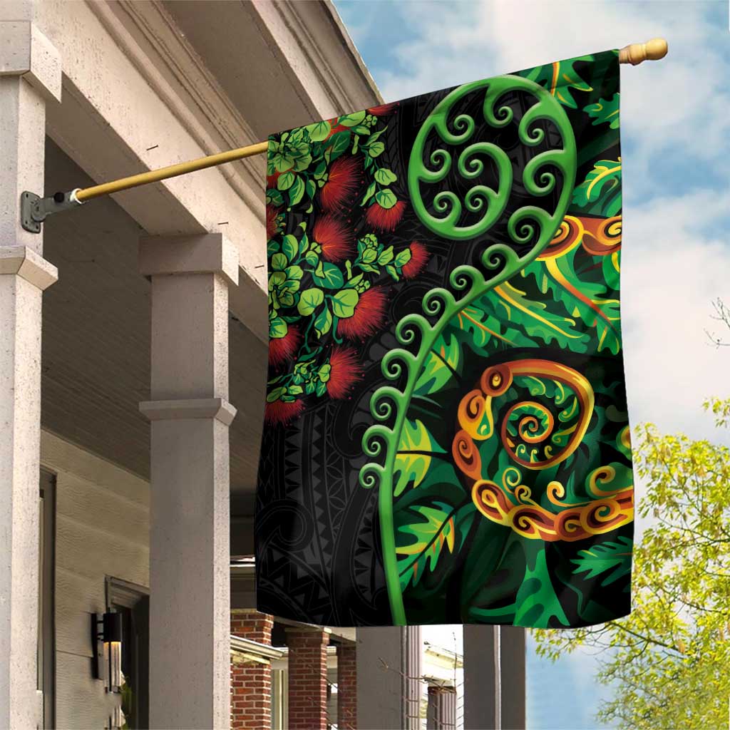 New Zealand Koru Plants and Pohutukawa Garden Flag Maori Tattoo Pattern
