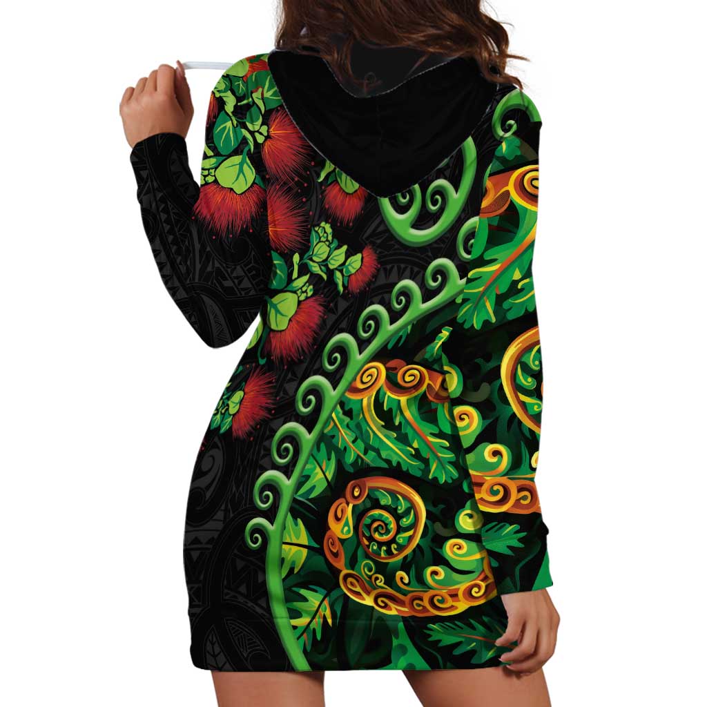 New Zealand Koru Plants and Pohutukawa Hoodie Dress Maori Tattoo Pattern