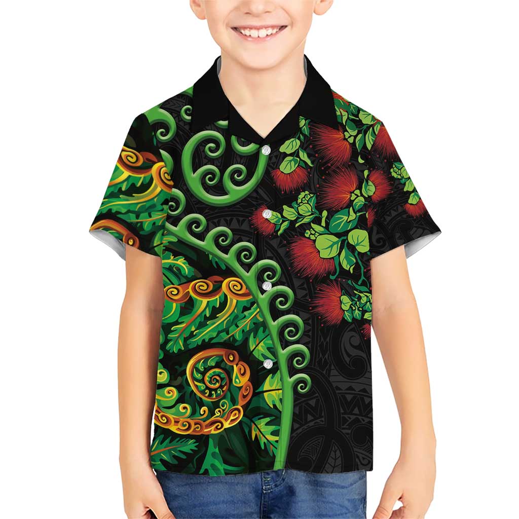 New Zealand Koru Plants and Pohutukawa Kid Hawaiian Shirt Maori Tattoo Pattern