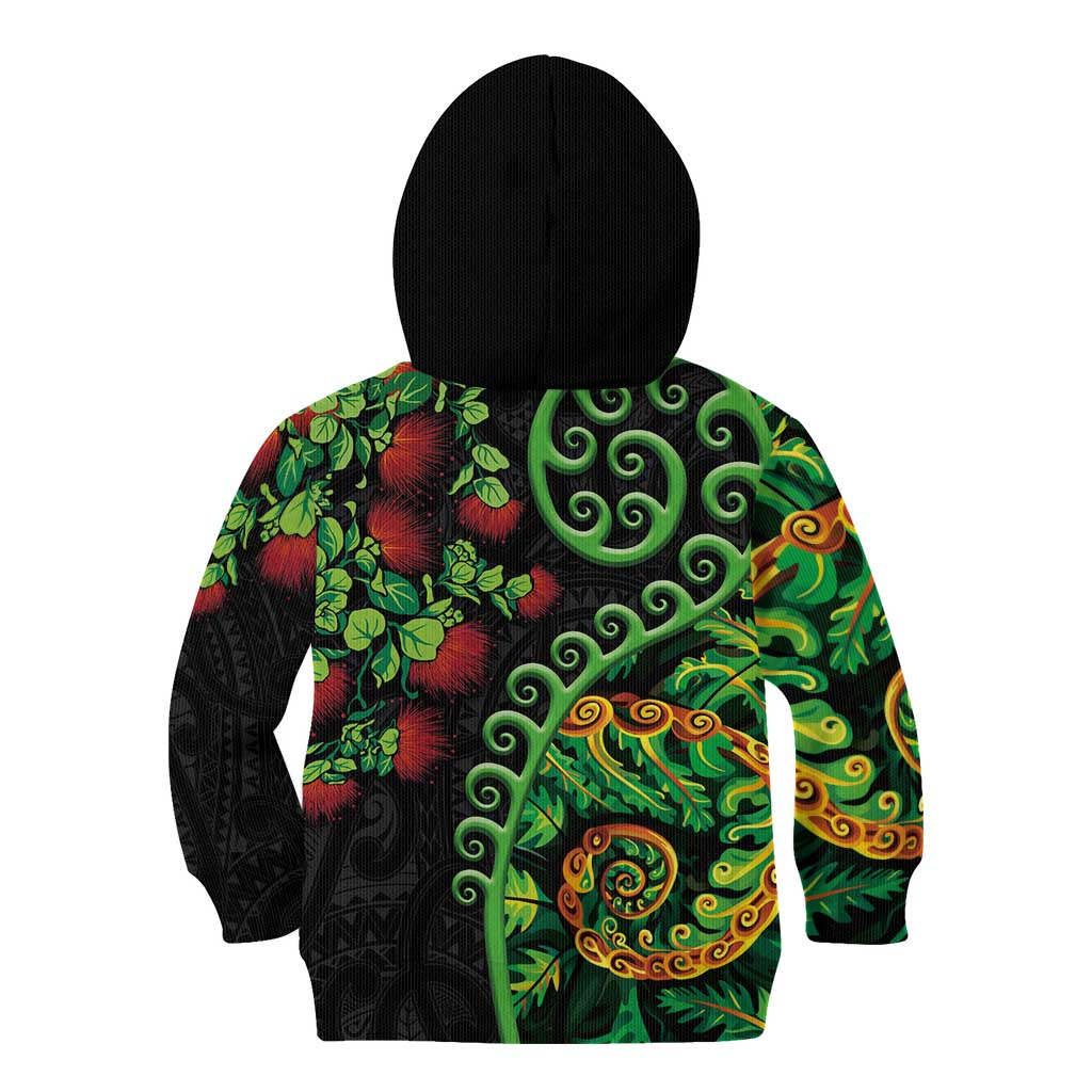 New Zealand Koru Plants and Pohutukawa Kid Hoodie Maori Tattoo Pattern