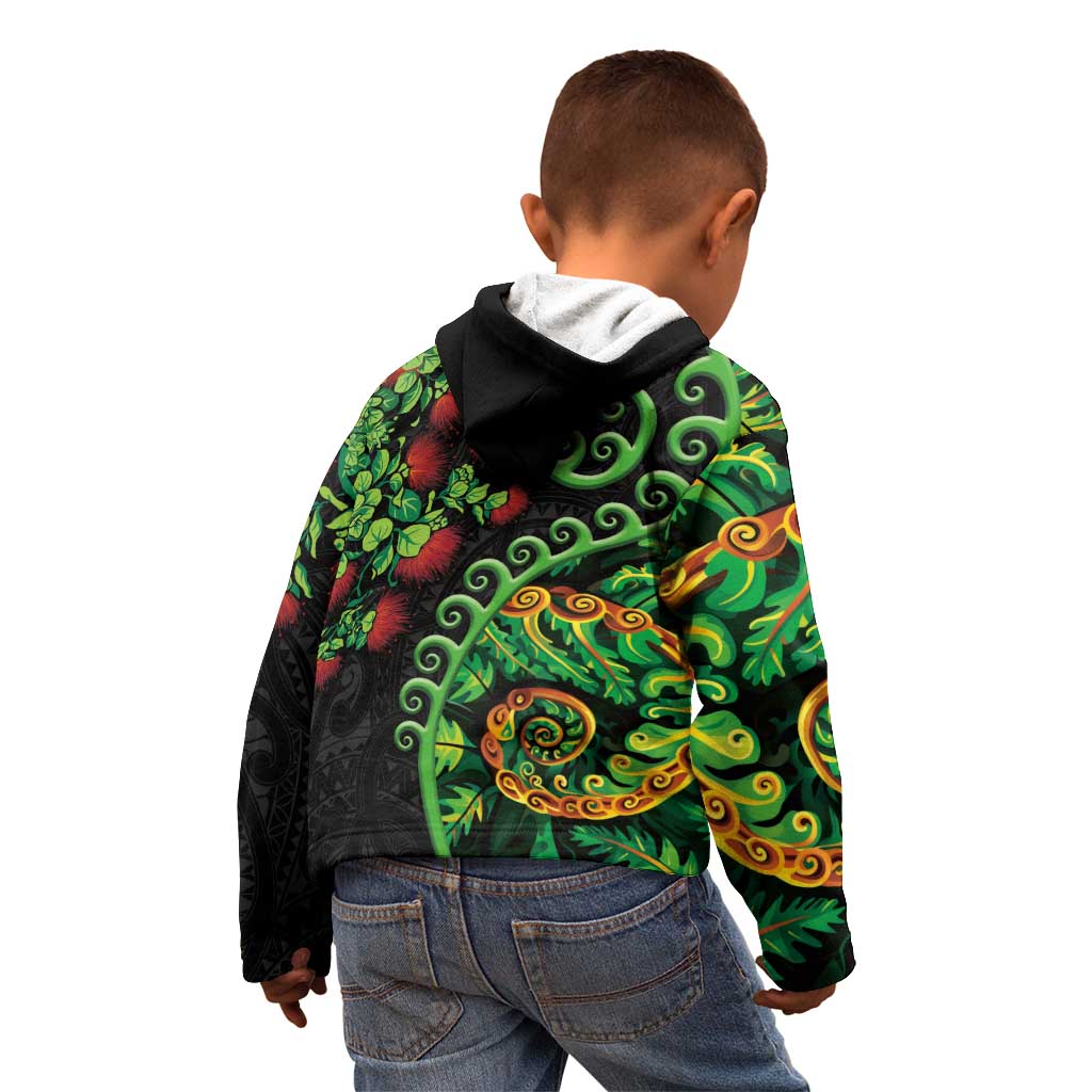 New Zealand Koru Plants and Pohutukawa Kid Hoodie Maori Tattoo Pattern