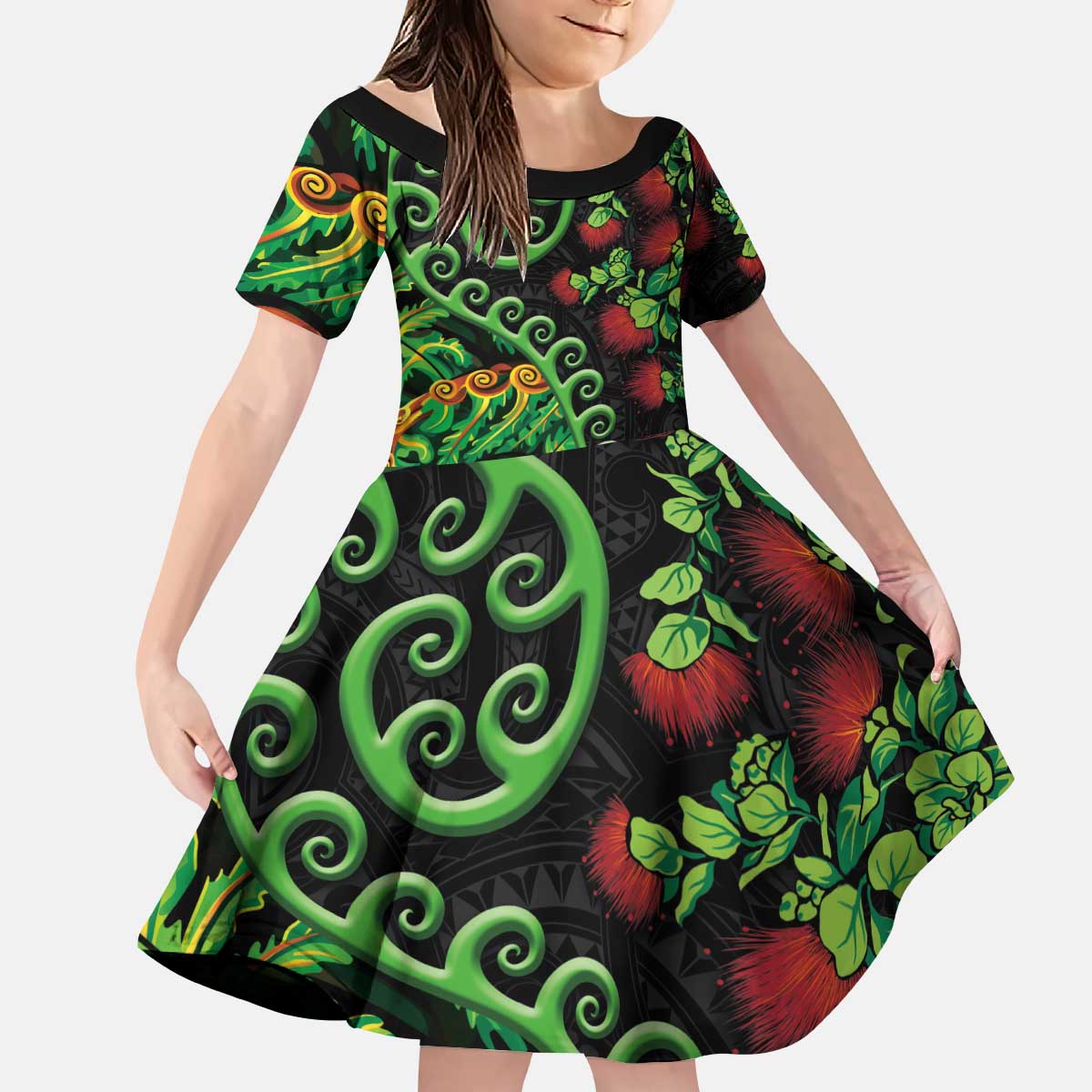 New Zealand Koru Plants and Pohutukawa Kid Short Sleeve Dress Maori Tattoo Pattern