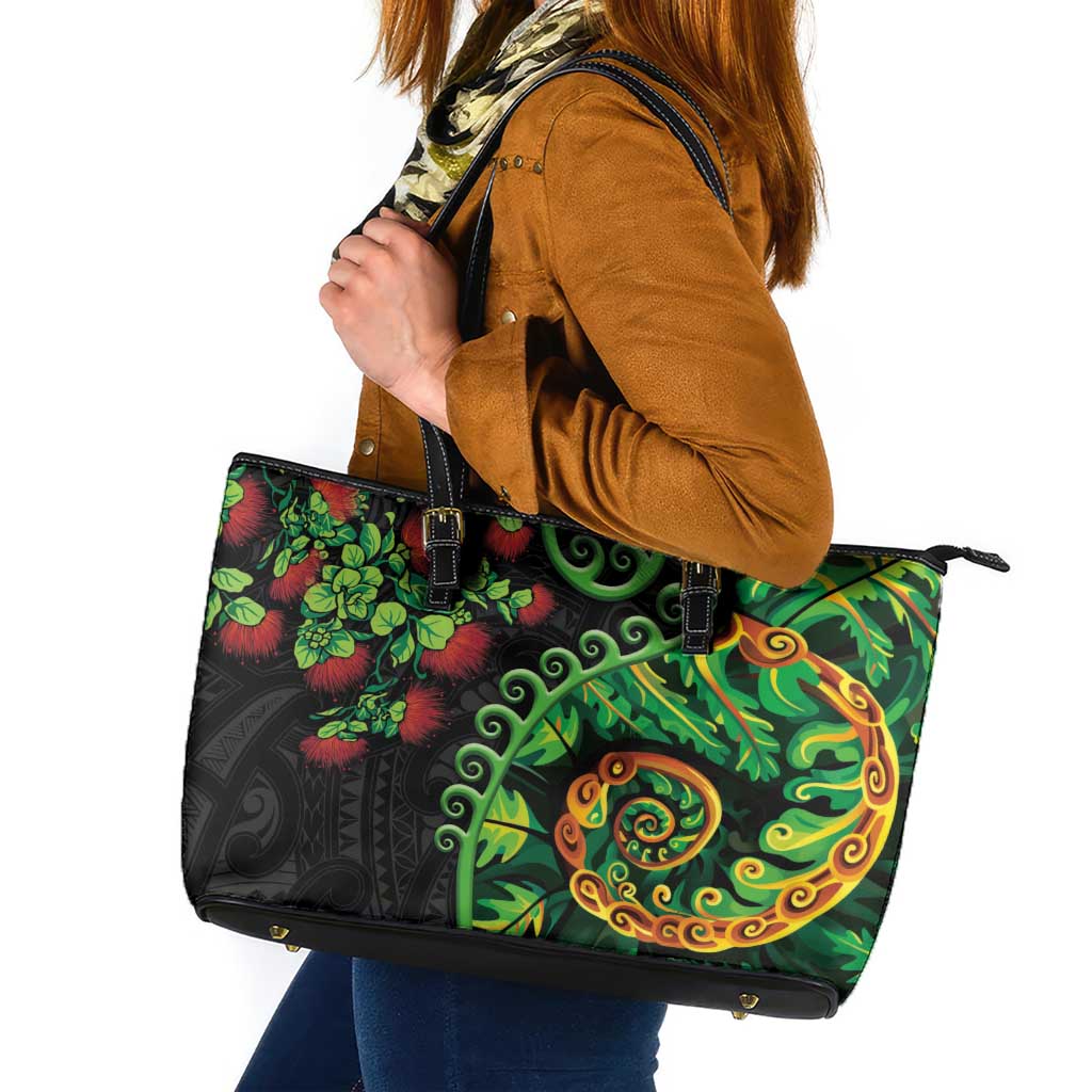 New Zealand Koru Plants and Pohutukawa Leather Tote Bag Maori Tattoo Pattern