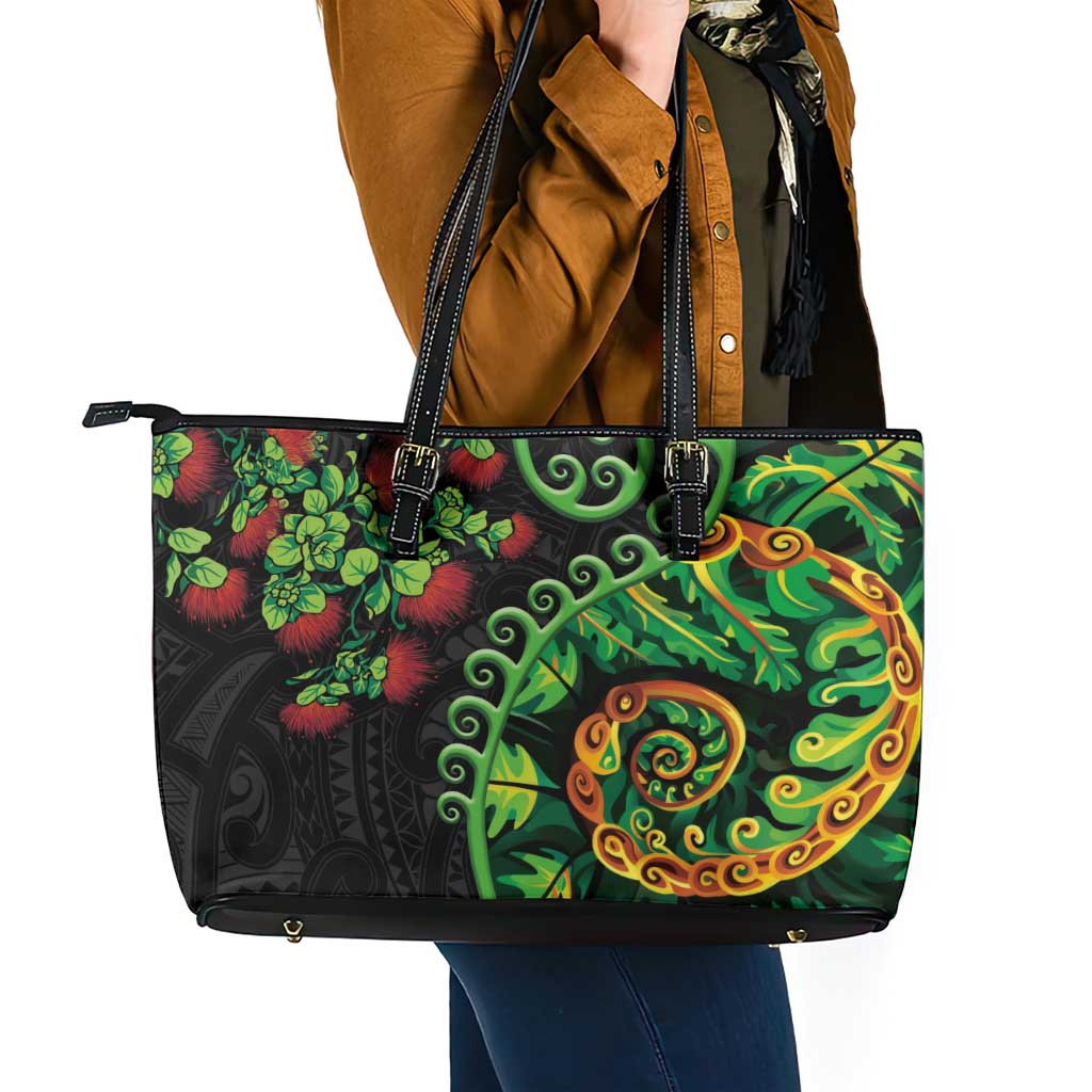 New Zealand Koru Plants and Pohutukawa Leather Tote Bag Maori Tattoo Pattern