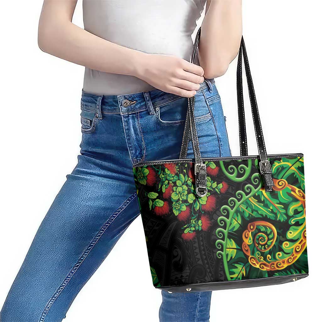 New Zealand Koru Plants and Pohutukawa Leather Tote Bag Maori Tattoo Pattern