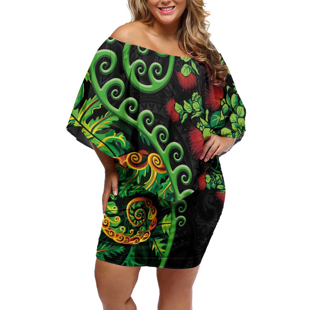 New Zealand Koru Plants and Pohutukawa Off Shoulder Short Dress Maori Tattoo Pattern