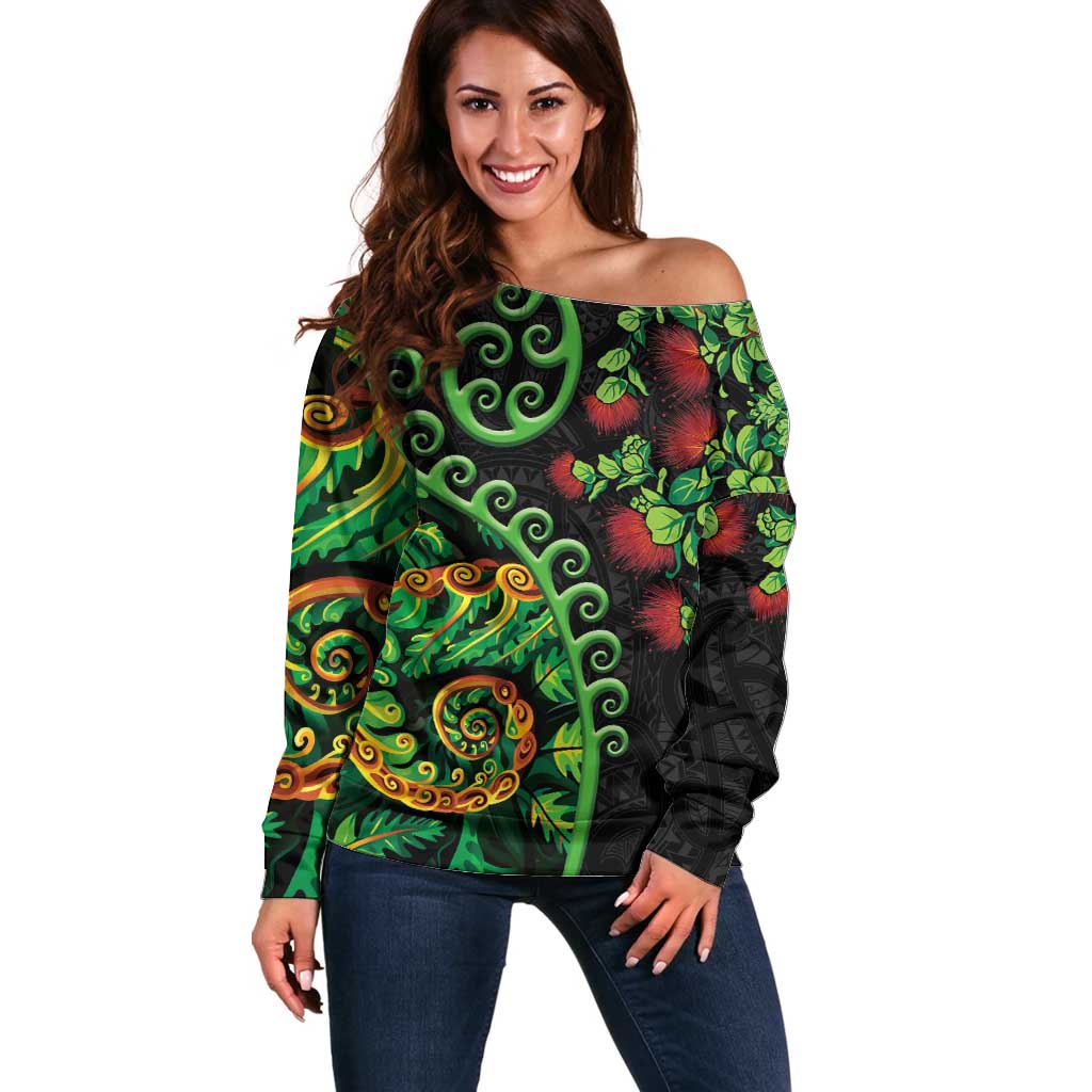 New Zealand Koru Plants and Pohutukawa Off Shoulder Sweater Maori Tattoo Pattern