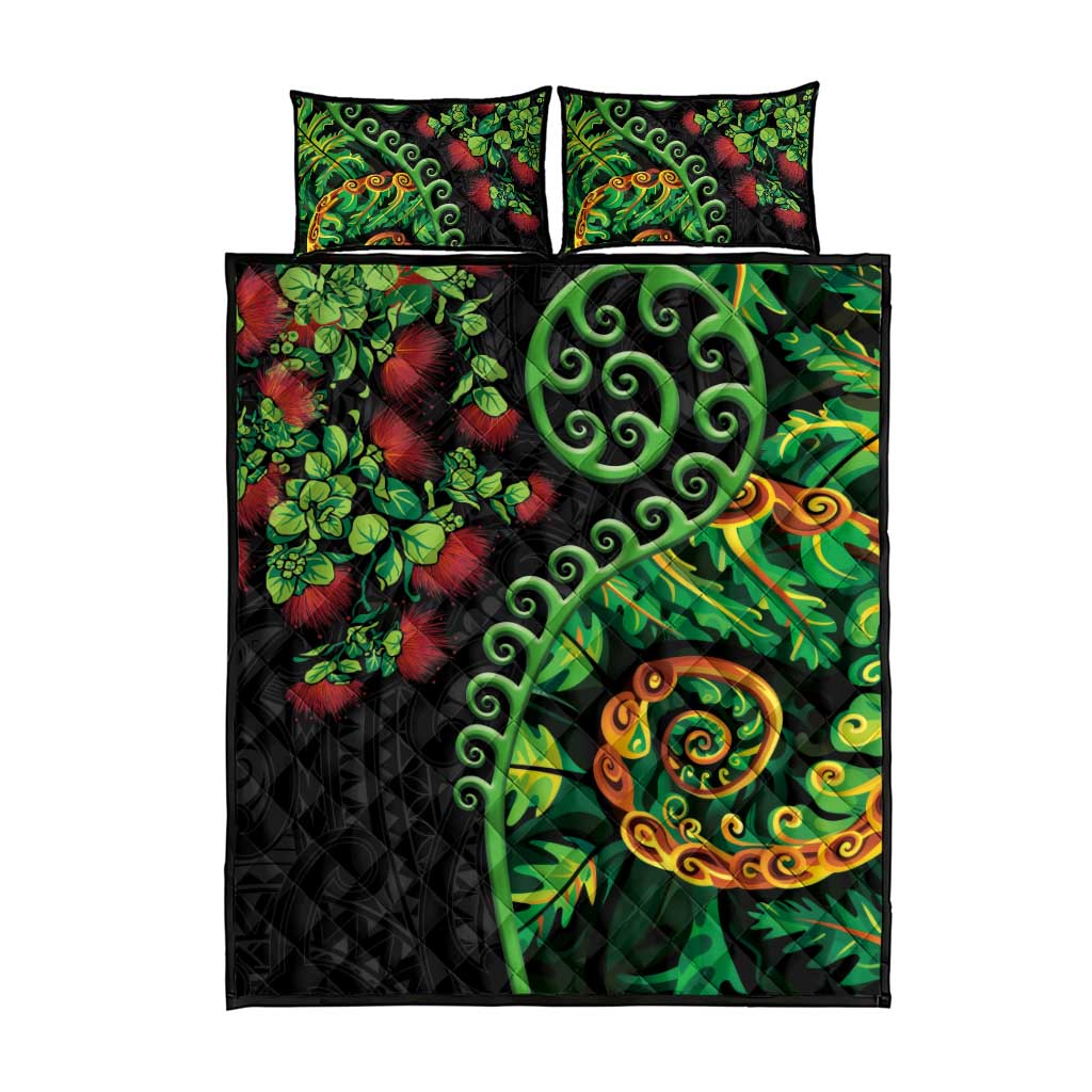 New Zealand Koru Plants and Pohutukawa Quilt Bed Set Maori Tattoo Pattern