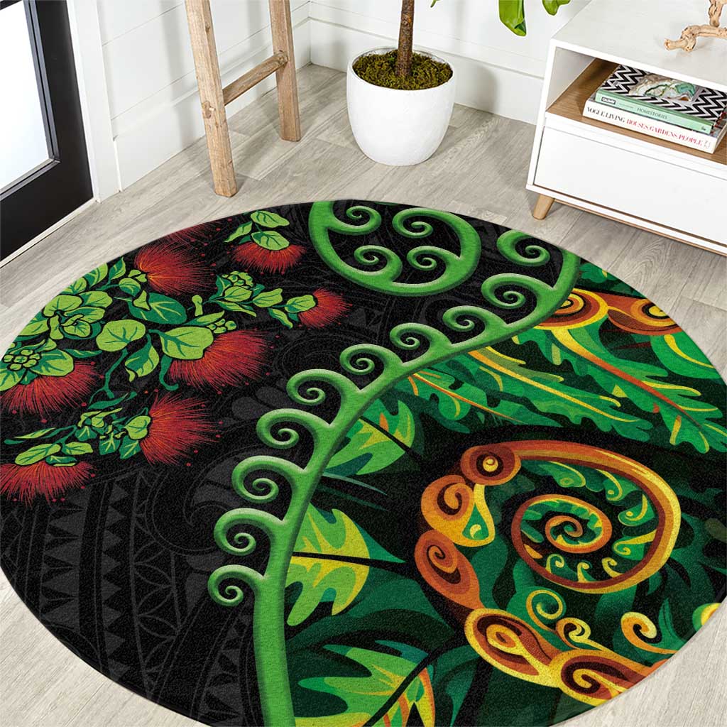 New Zealand Koru Plants and Pohutukawa Round Carpet Maori Tattoo Pattern