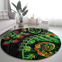 New Zealand Koru Plants and Pohutukawa Round Carpet Maori Tattoo Pattern
