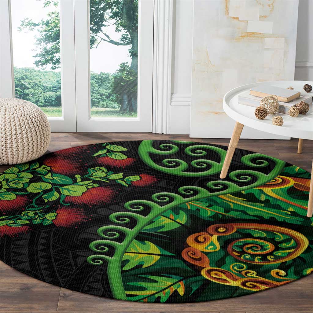 New Zealand Koru Plants and Pohutukawa Round Carpet Maori Tattoo Pattern