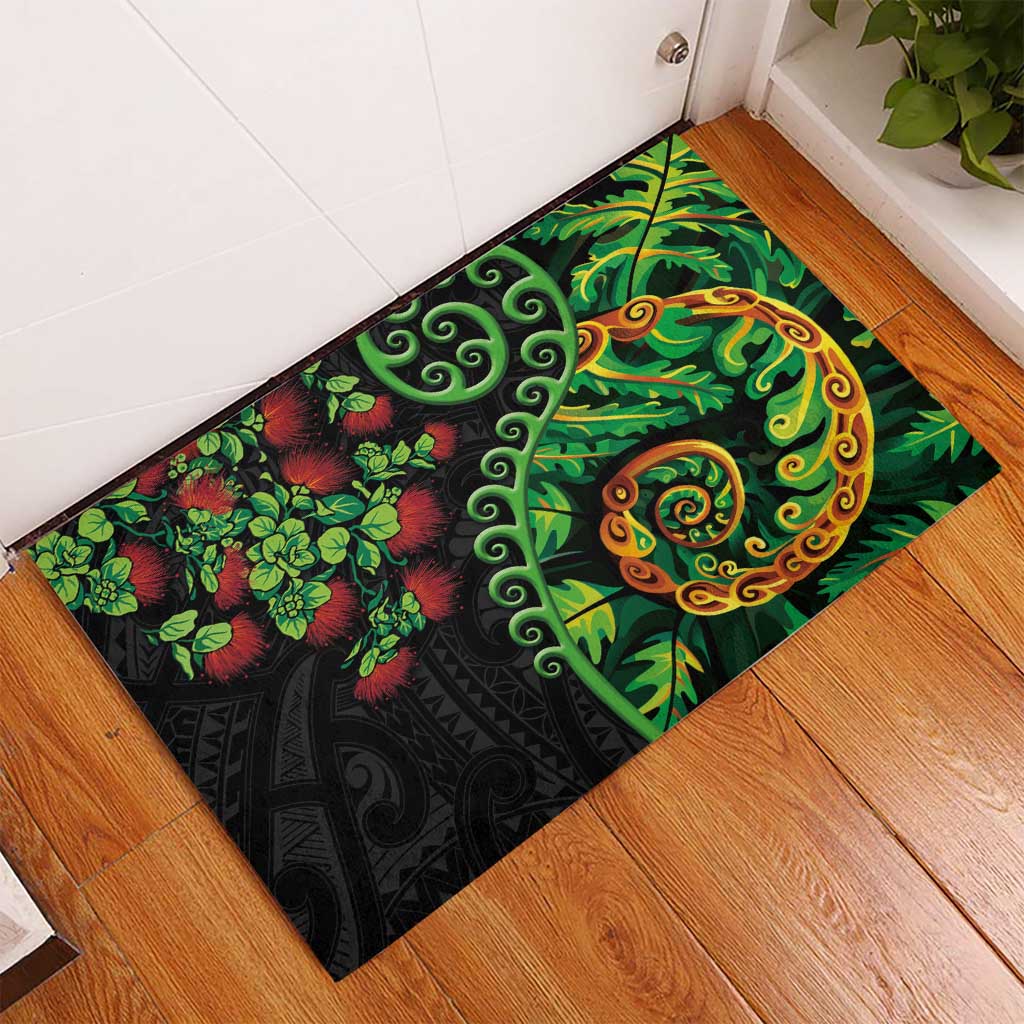 New Zealand Koru Plants and Pohutukawa Rubber Doormat Maori Tattoo Pattern