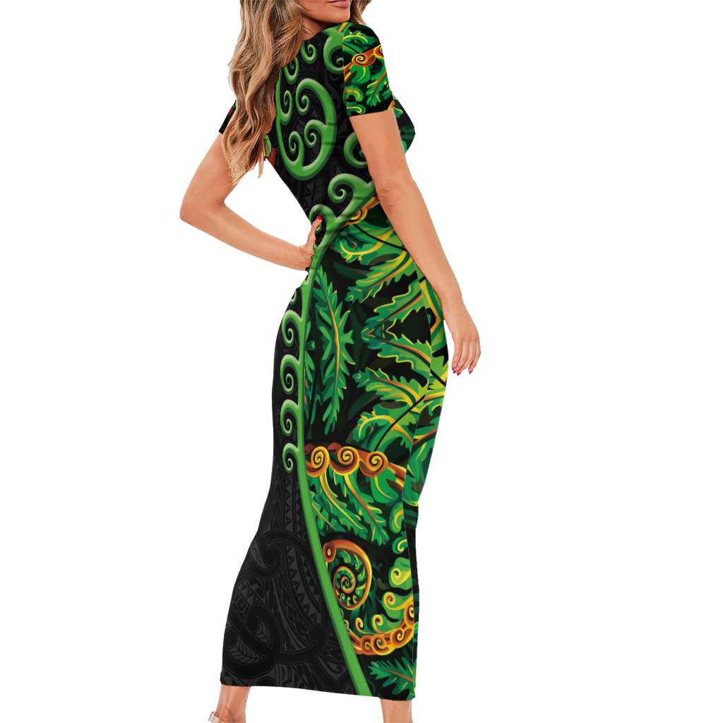 New Zealand Koru Plants and Pohutukawa Short Sleeve Bodycon Dress Maori Tattoo Pattern