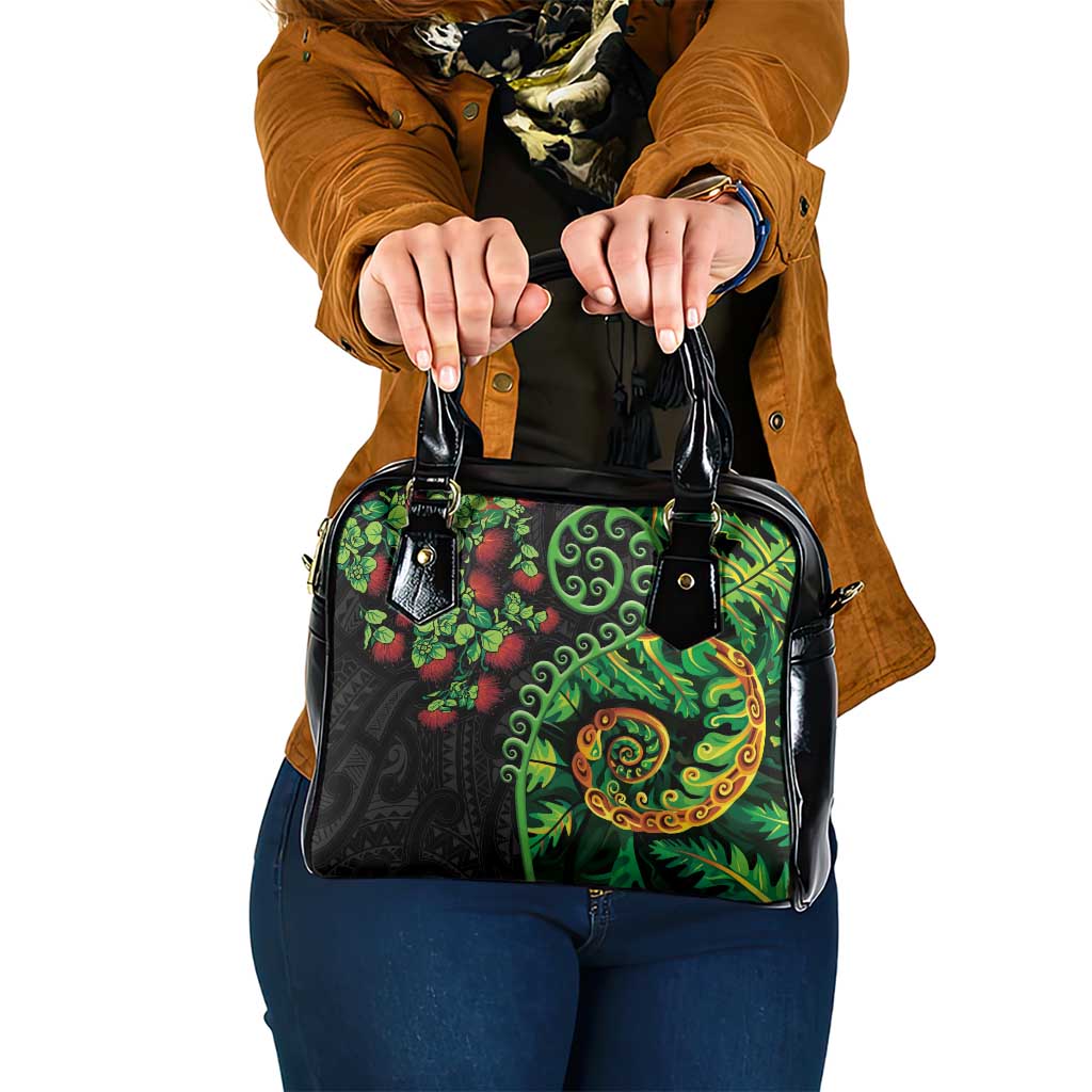 New Zealand Koru Plants and Pohutukawa Shoulder Handbag Maori Tattoo Pattern