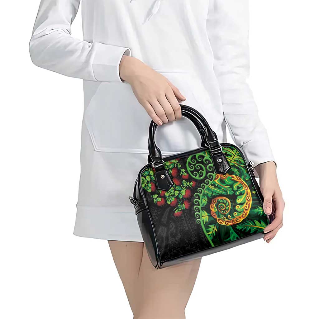 New Zealand Koru Plants and Pohutukawa Shoulder Handbag Maori Tattoo Pattern