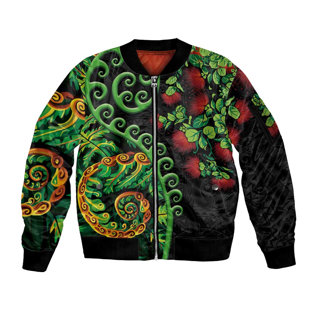 New Zealand Koru Plants and Pohutukawa Sleeve Zip Bomber Jacket Maori Tattoo Pattern