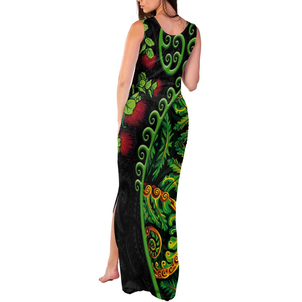 New Zealand Koru Plants and Pohutukawa Tank Maxi Dress Maori Tattoo Pattern