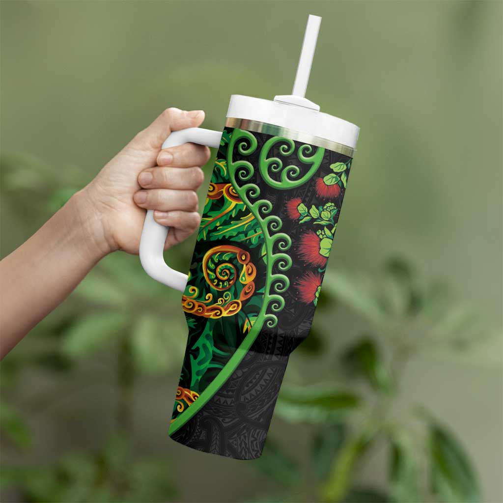 New Zealand Koru Plants and Pohutukawa Tumbler With Handle Maori Tattoo Pattern