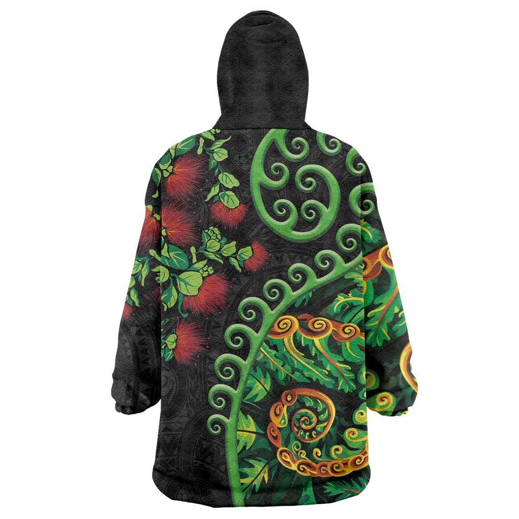 New Zealand Koru Plants and Pohutukawa Wearable Blanket Hoodie Maori Tattoo Pattern