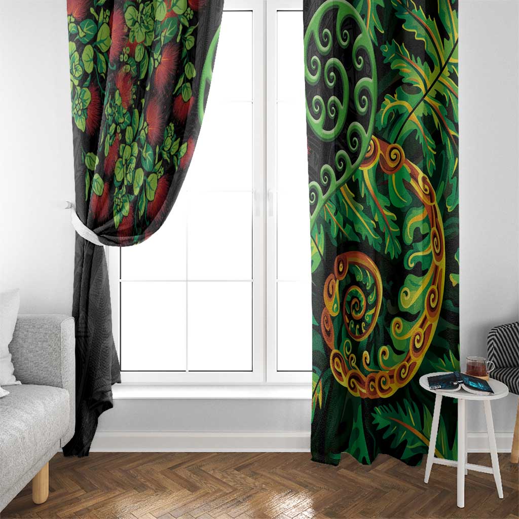 New Zealand Koru Plants and Pohutukawa Window Curtain Maori Tattoo Pattern