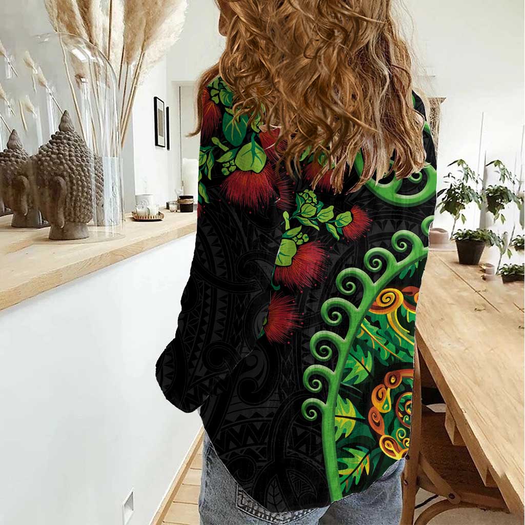 New Zealand Koru Plants and Pohutukawa Women Casual Shirt Maori Tattoo Pattern