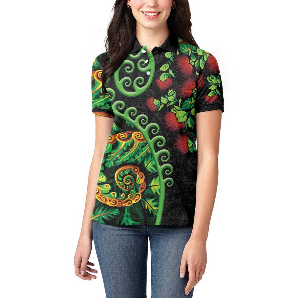New Zealand Koru Plants and Pohutukawa Women Polo Shirt Maori Tattoo Pattern
