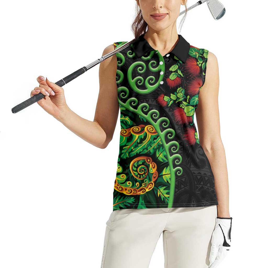 New Zealand Koru Plants and Pohutukawa Women Sleeveless Polo Shirt Maori Tattoo Pattern