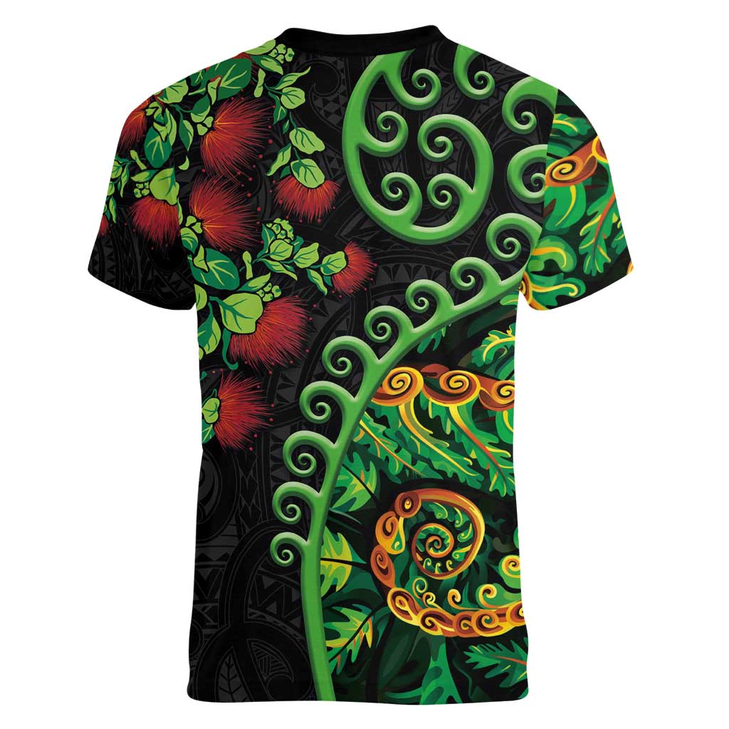 New Zealand Koru Plants and Pohutukawa Women V-Neck T-Shirt Maori Tattoo Pattern