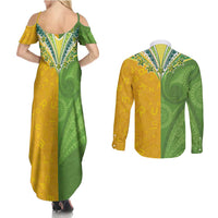 Cook Islands Language Week Couples Matching Summer Maxi Dress and Long Sleeve Button Shirt Tatau Pattern and Rarotongan Alphabet LT03 - Polynesian Pride
