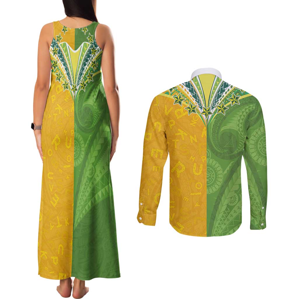 Cook Islands Language Week Couples Matching Tank Maxi Dress and Long Sleeve Button Shirt Tatau Pattern and Rarotongan Alphabet LT03 - Polynesian Pride