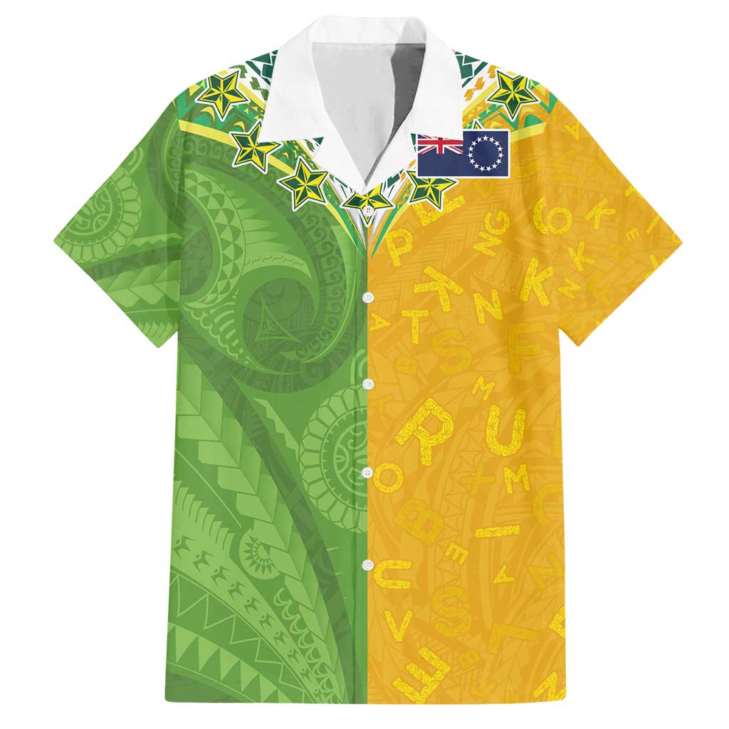 Cook Islands Language Week Family Matching Puletasi and Hawaiian Shirt Tatau Pattern and Rarotongan Alphabet LT03 Dad's Shirt - Short Sleeve Green - Polynesian Pride