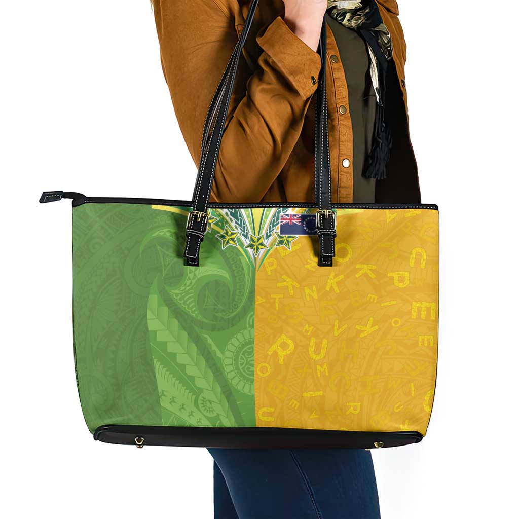 Cook Islands Language Week Leather Tote Bag Tatau Pattern and Rarotongan Alphabet - Polynesian Pride