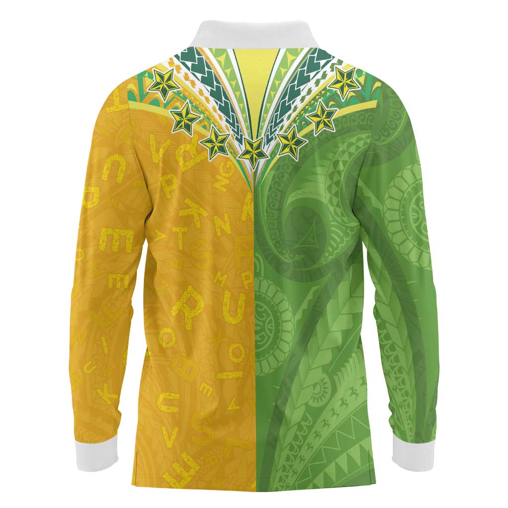 Cook Islands Language Week Long Sleeve Polo Shirt Tatau Pattern and Rarotongan Alphabet - Polynesian Pride