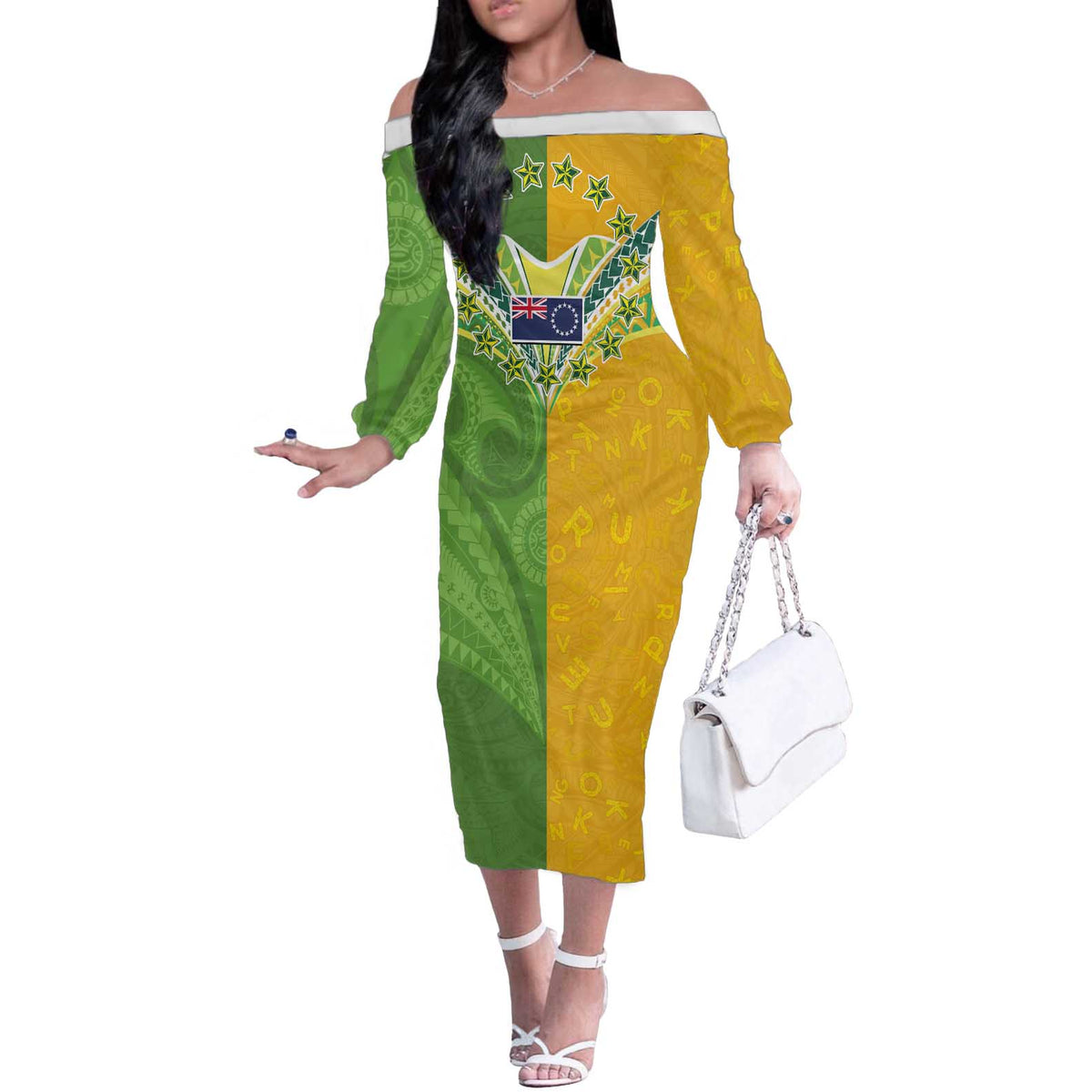 Cook Islands Language Week Off The Shoulder Long Sleeve Dress Tatau Pattern and Rarotongan Alphabet - Polynesian Pride