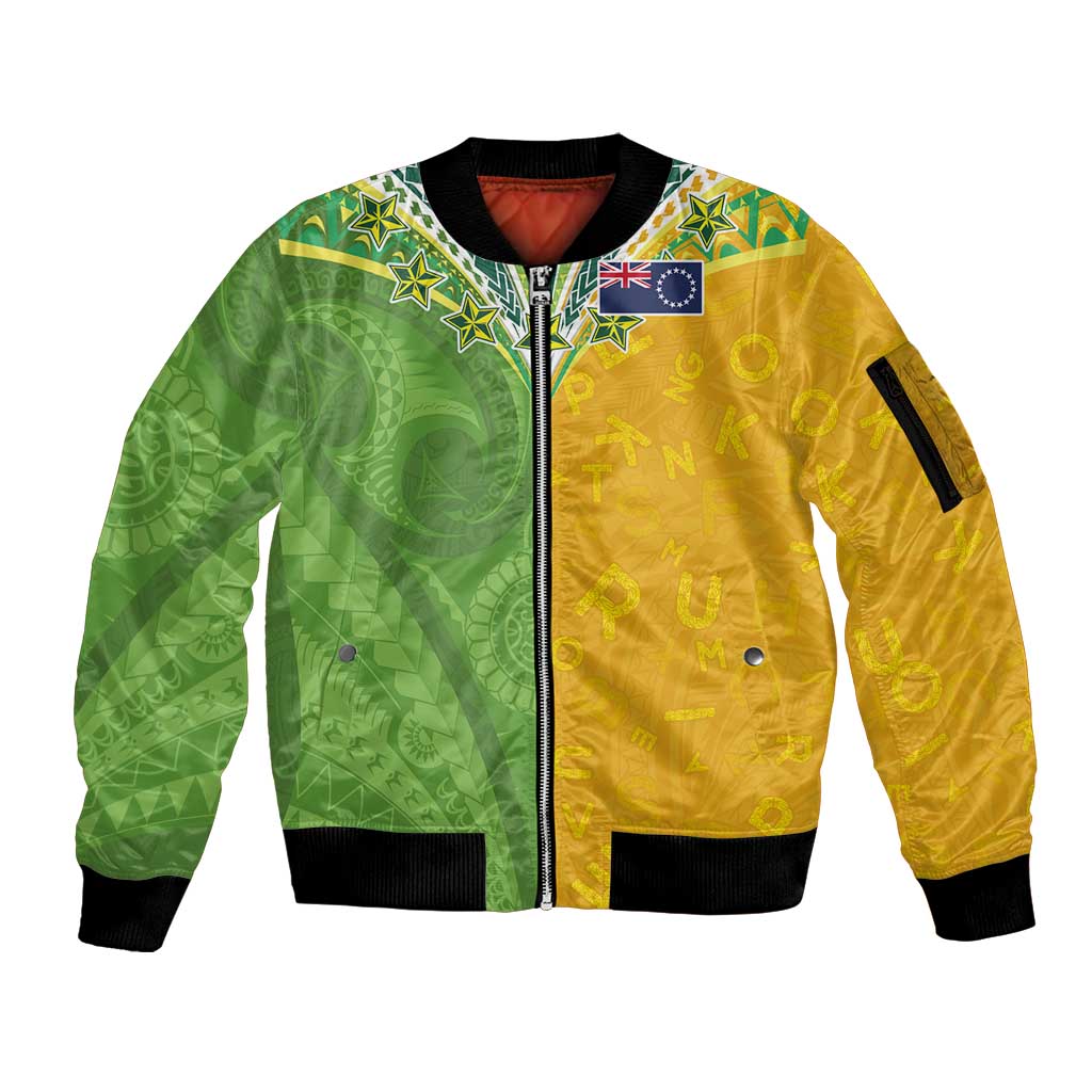Cook Islands Language Week Sleeve Zip Bomber Jacket Tatau Pattern and Rarotongan Alphabet - Polynesian Pride