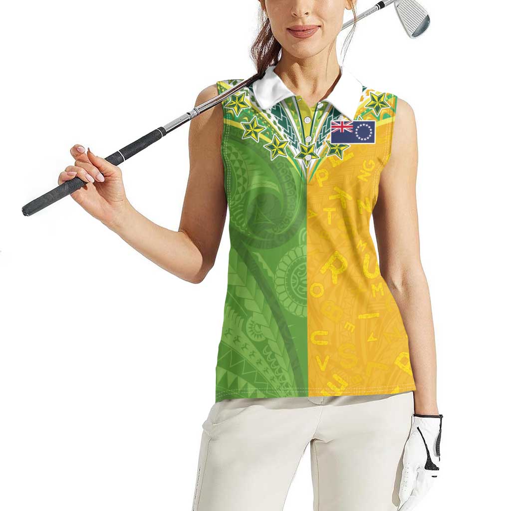 Cook Islands Language Week Women Sleeveless Polo Shirt Tatau Pattern and Rarotongan Alphabet - Polynesian Pride
