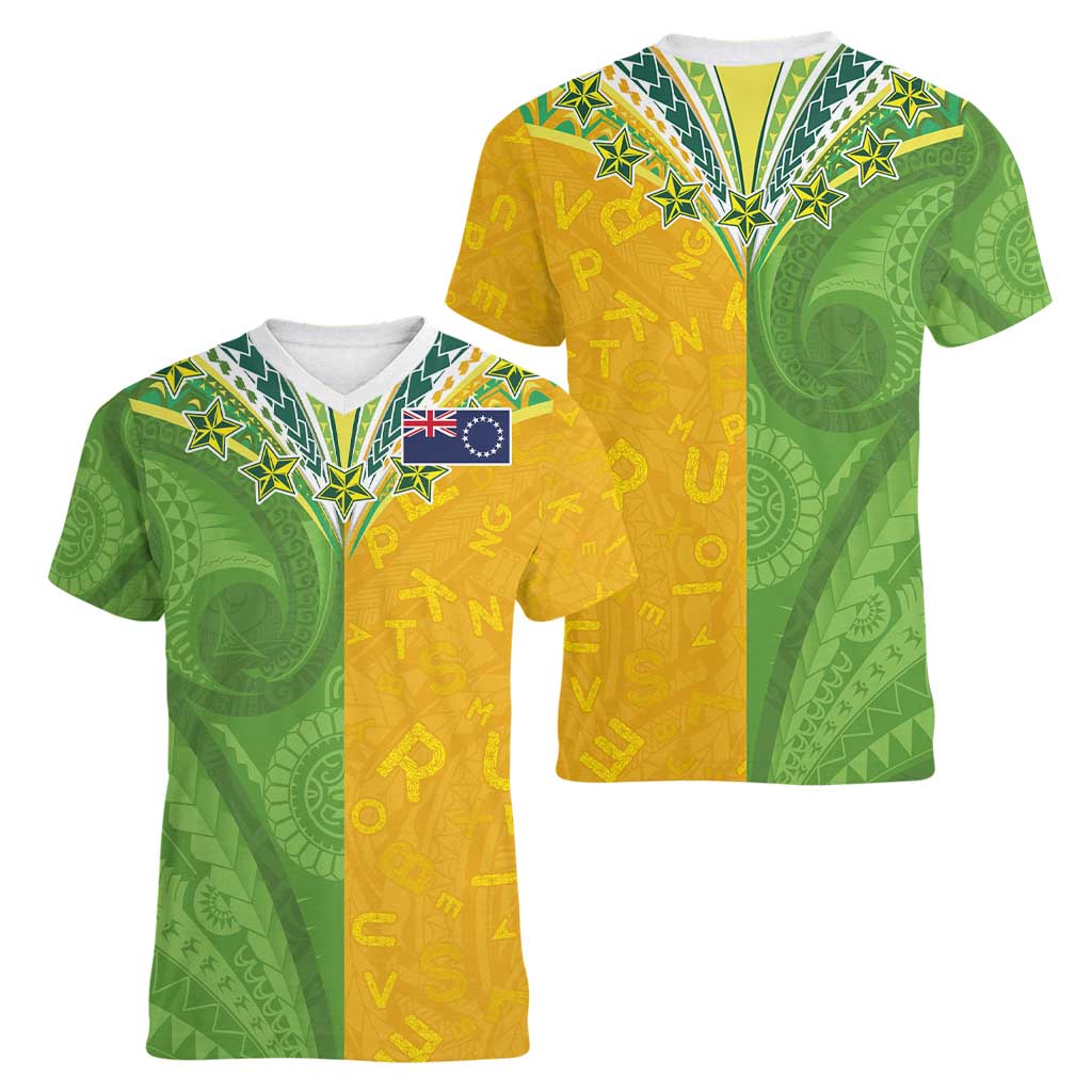 Cook Islands Language Week Women V-Neck T-Shirt Tatau Pattern and Rarotongan Alphabet - Polynesian Pride