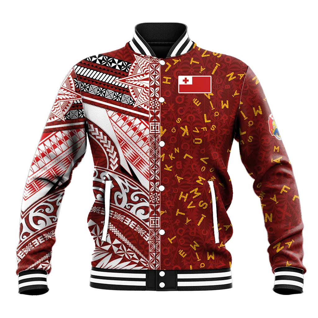 Tonga Language Week Baseball Jacket Ngatu Pattern and Tongan Alphabet LT03 Unisex Red - Polynesian Pride