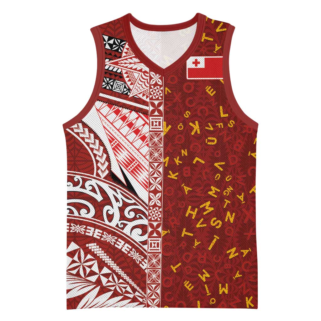 Tonga Language Week Basketball Jersey Ngatu Pattern and Tongan Alphabet LT03 Unisex Red - Polynesian Pride