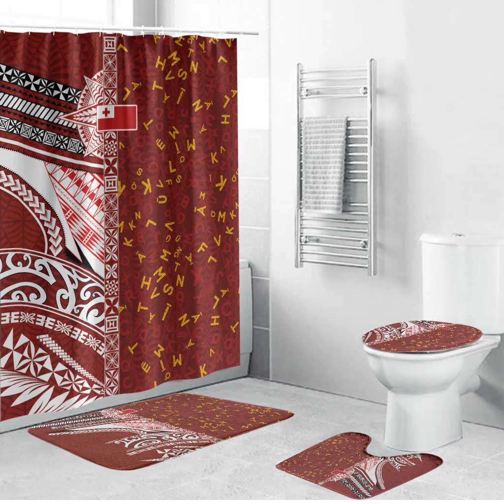 Tonga Language Week Bathroom Set Ngatu Pattern and Tongan Alphabet LT03 Bathroom Set (4 pcs) Red - Polynesian Pride