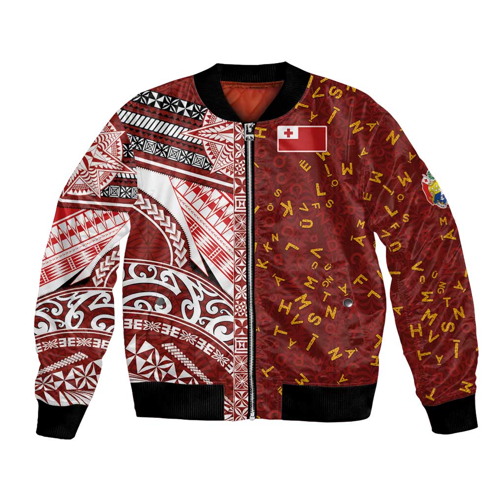 Tonga Language Week Bomber Jacket Ngatu Pattern and Tongan Alphabet LT03 Unisex Red - Polynesian Pride