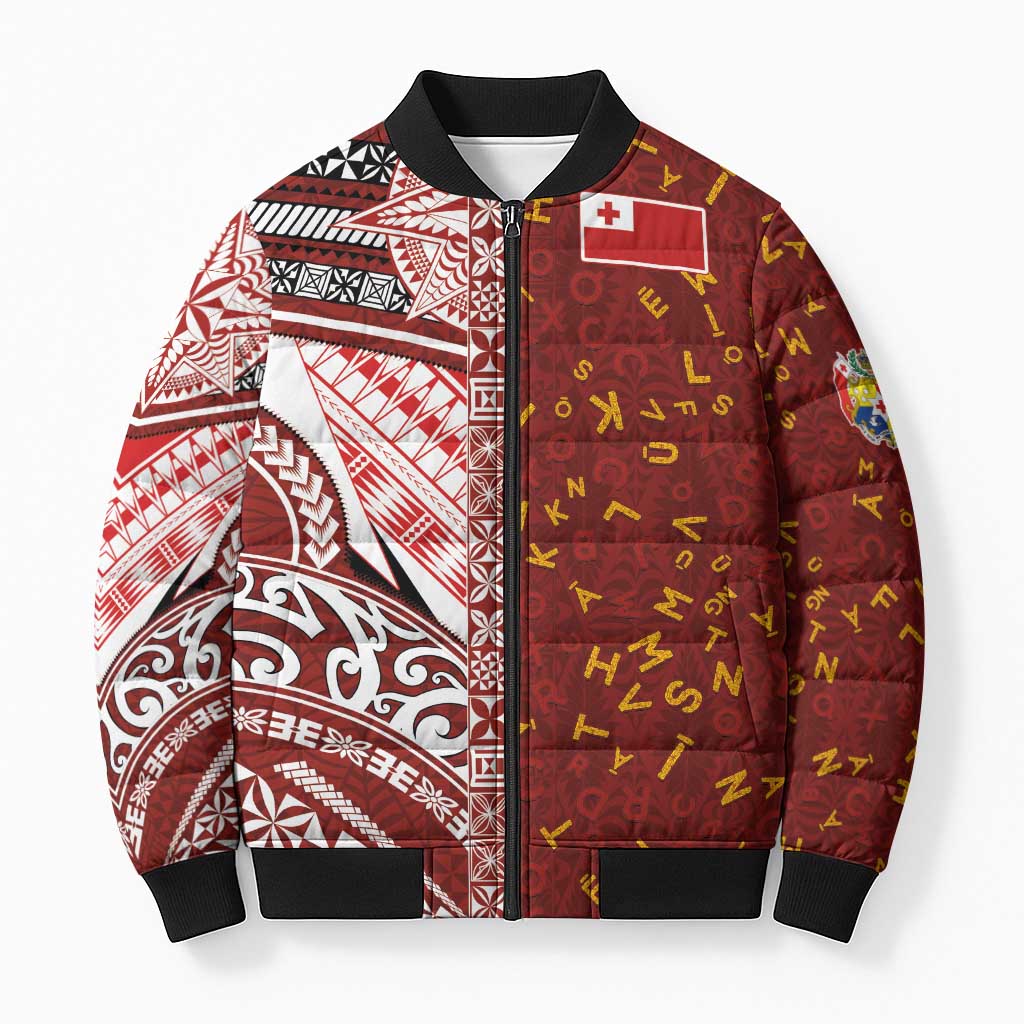 Tonga Language Week Bomber Puffer Jacket Ngatu Pattern and Tongan Alphabet LT03 Unisex Red - Polynesian Pride