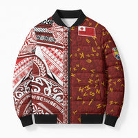 Tonga Language Week Bomber Puffer Jacket Ngatu Pattern and Tongan Alphabet LT03 Unisex Red - Polynesian Pride