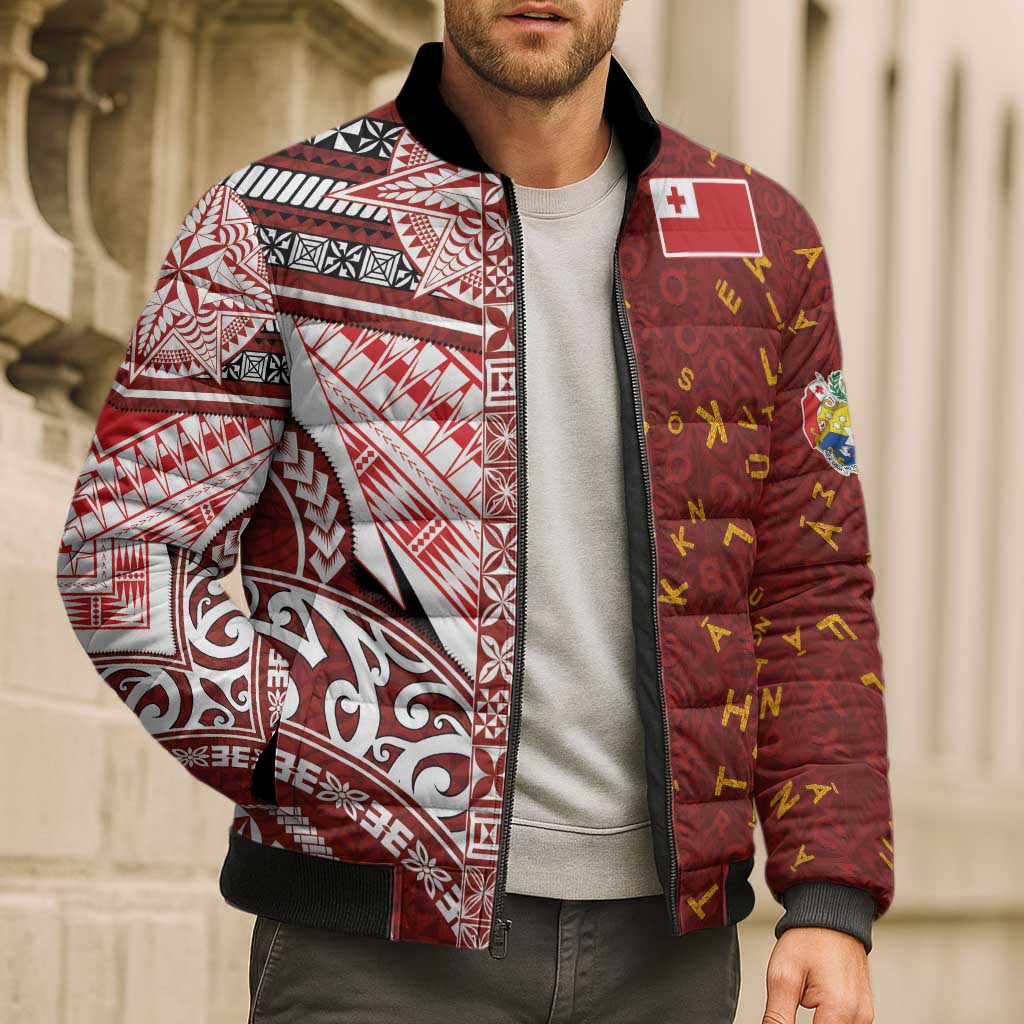 Tonga Language Week Bomber Puffer Jacket Ngatu Pattern and Tongan Alphabet LT03 - Polynesian Pride