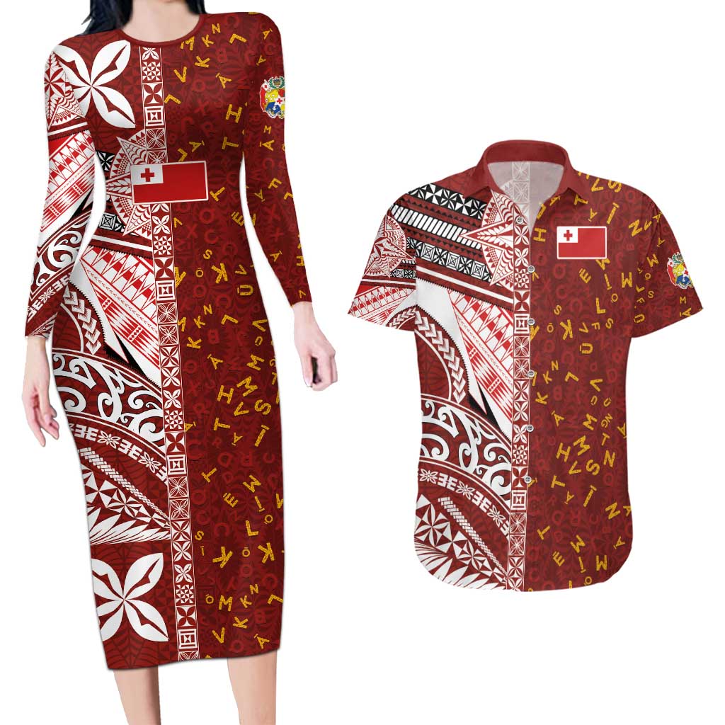 Tonga Language Week Couples Matching Long Sleeve Bodycon Dress and Hawaiian Shirt Ngatu Pattern and Tongan Alphabet LT03 Red - Polynesian Pride