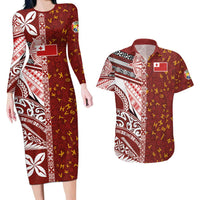 Tonga Language Week Couples Matching Long Sleeve Bodycon Dress and Hawaiian Shirt Ngatu Pattern and Tongan Alphabet LT03 Red - Polynesian Pride