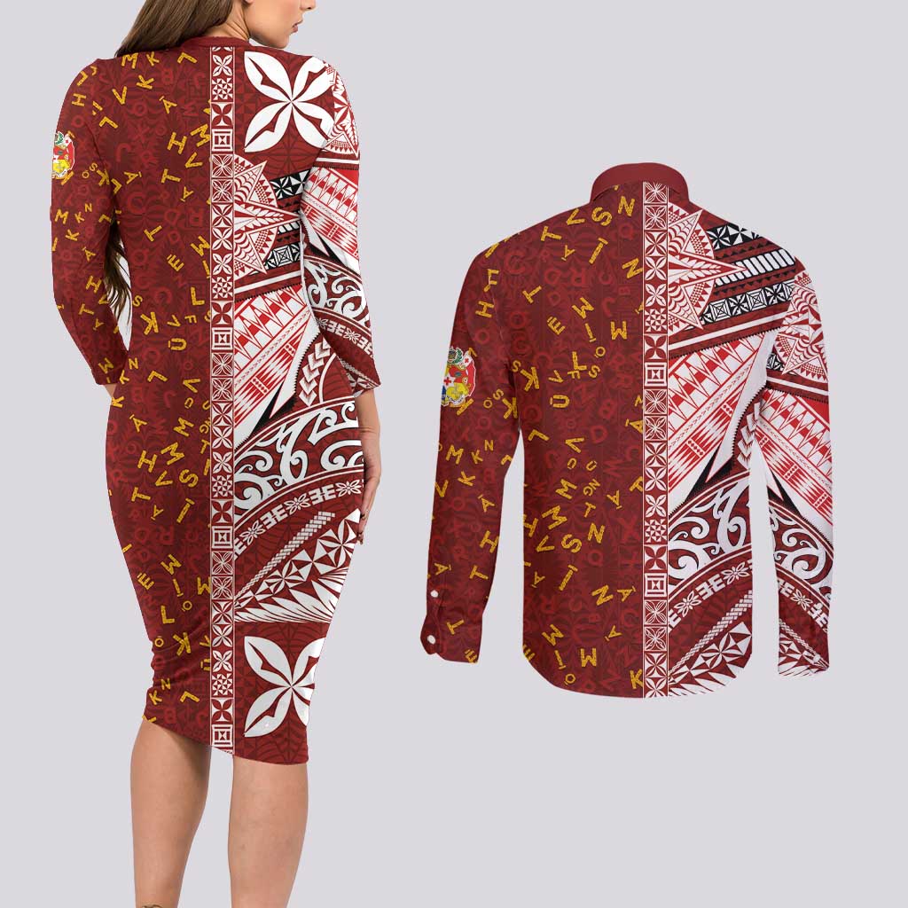 Tonga Language Week Couples Matching Long Sleeve Bodycon Dress and Long Sleeve Button Shirt Ngatu Pattern and Tongan Alphabet LT03 - Polynesian Pride